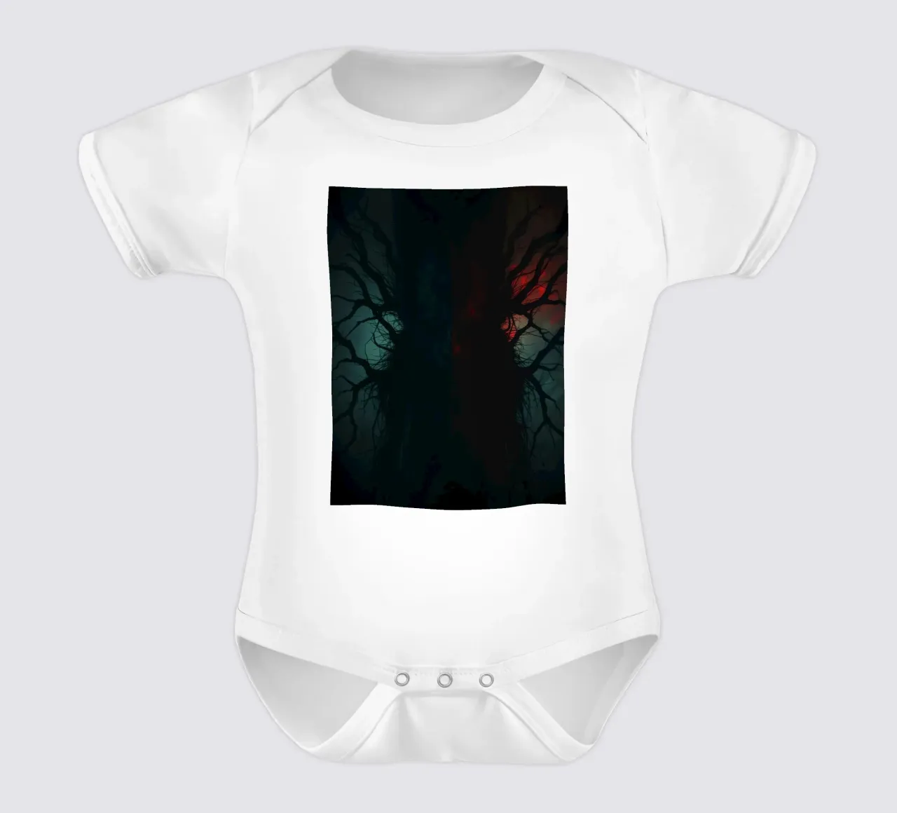 Dark tree with eerie branches illuminated by red and blue short-sleeve baby romper by DesignDoodle