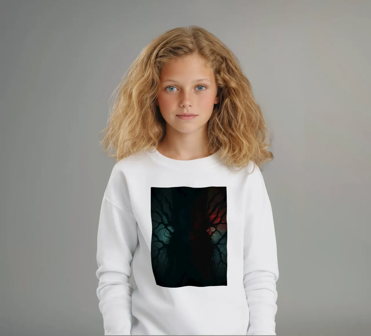 Dark tree with eerie branches illuminated by red and blue kids sweatshirt by DesignDoodle