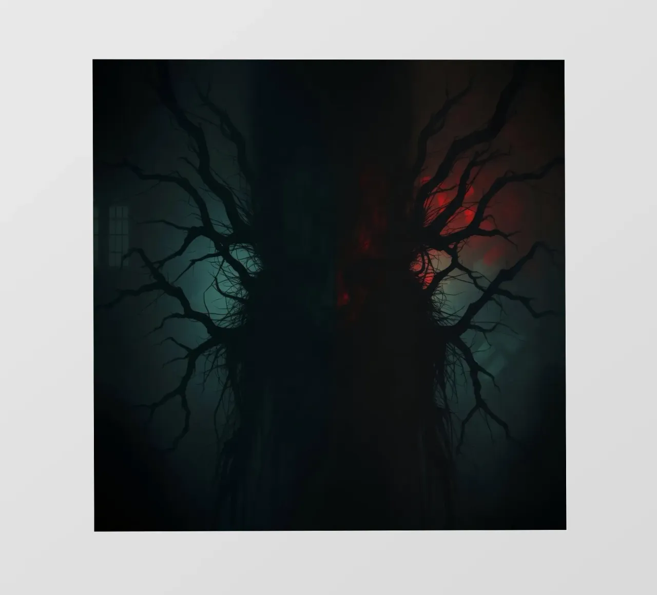 Dark tree with eerie branches illuminated by red and blue pvc cover by DesignDoodle