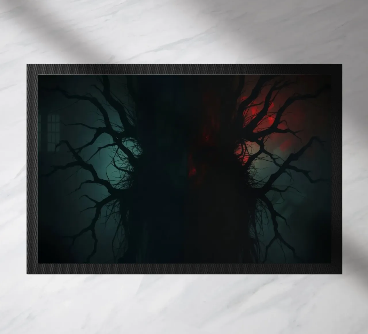 Dark tree with eerie branches illuminated by red and blue doormat by DesignDoodle
