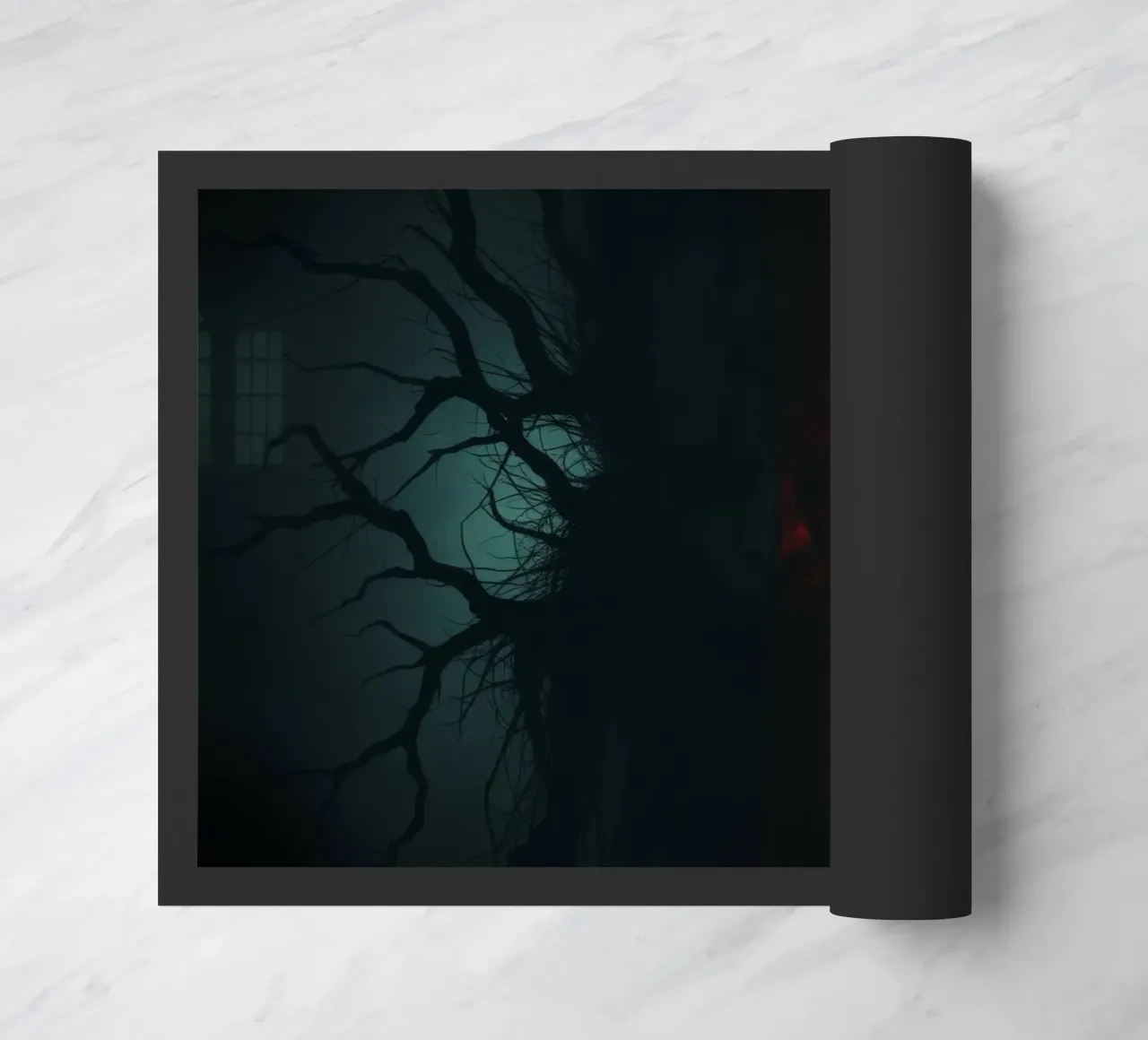 Dark tree with eerie branches illuminated by red and blue doormat by DesignDoodle