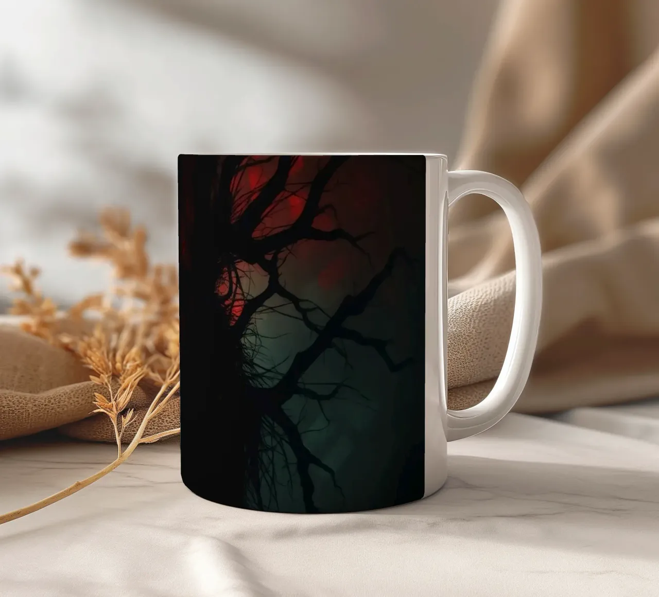 Dark tree with eerie branches illuminated by red and blue ceramic mug by DesignDoodle