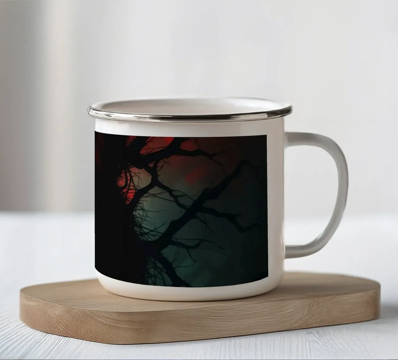 Dark tree with eerie branches illuminated by red and blue enamel mug by DesignDoodle