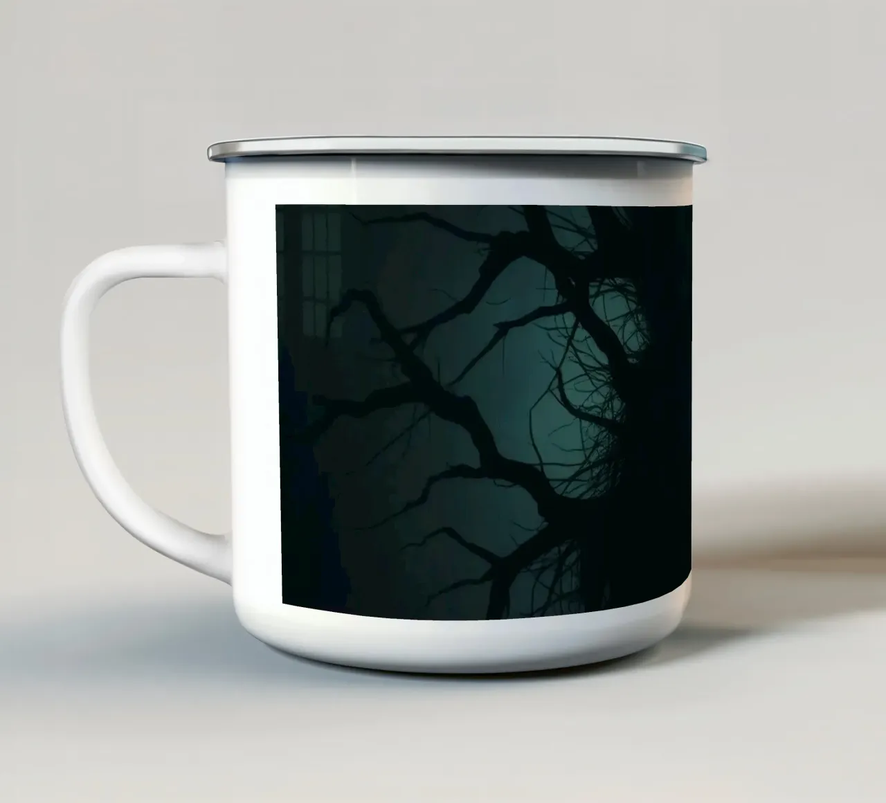 Dark tree with eerie branches illuminated by red and blue enamel mug by DesignDoodle