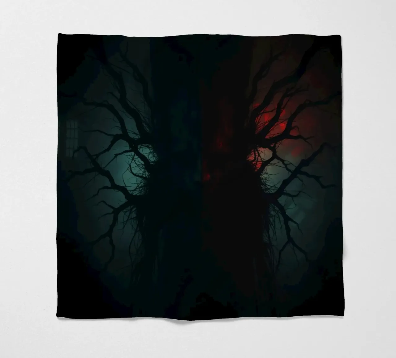 Dark tree with eerie branches illuminated by red and blue fleece blanket by DesignDoodle
