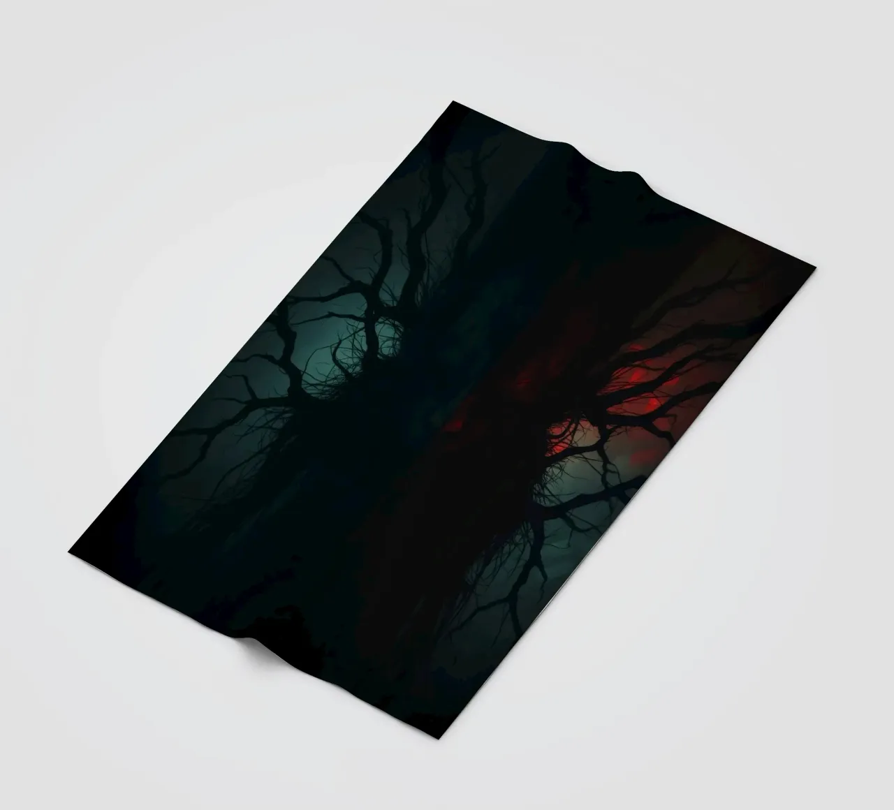 Dark tree with eerie branches illuminated by red and blue fleece blanket by DesignDoodle