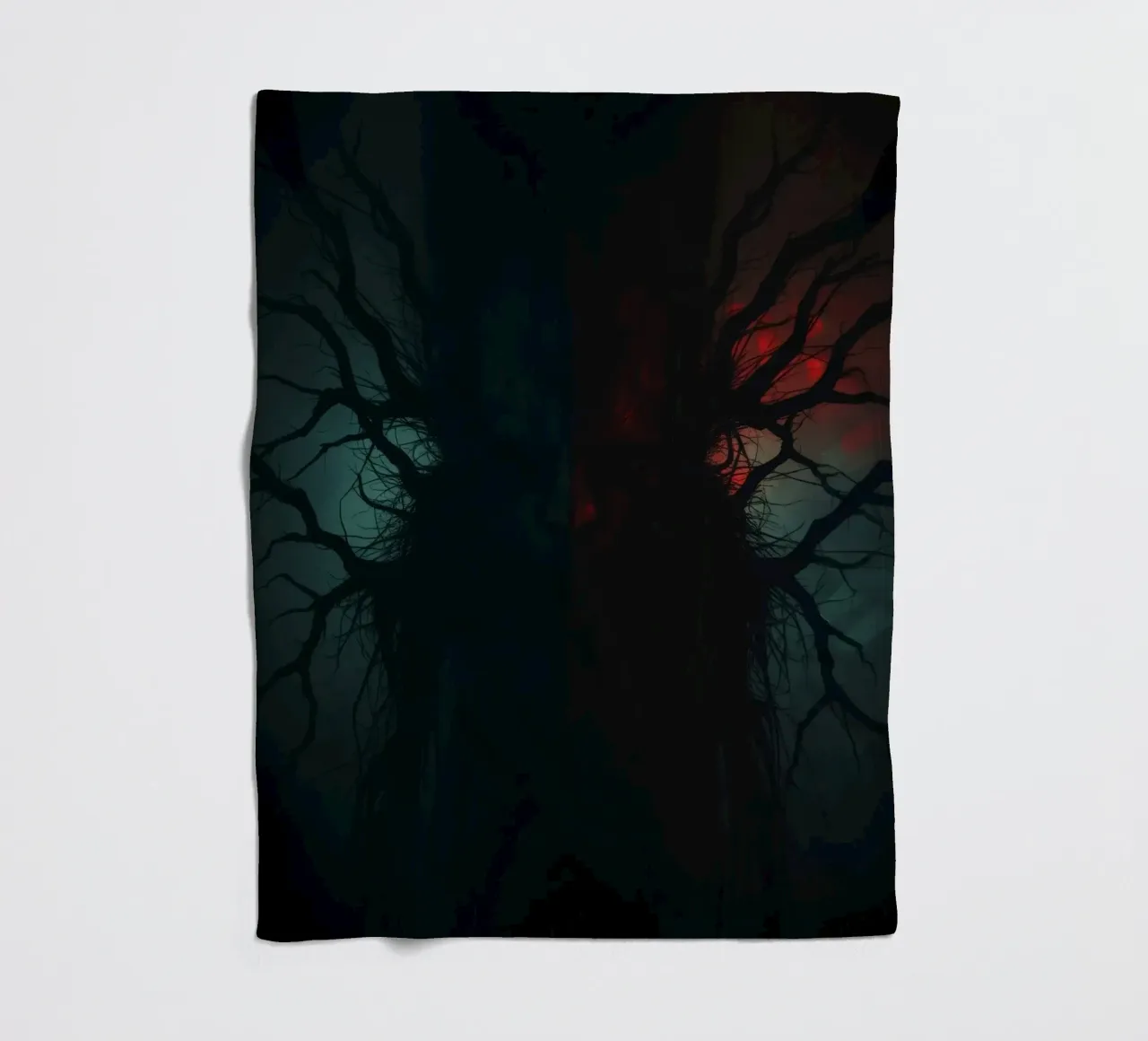 Dark tree with eerie branches illuminated by red and blue fleece blanket by DesignDoodle