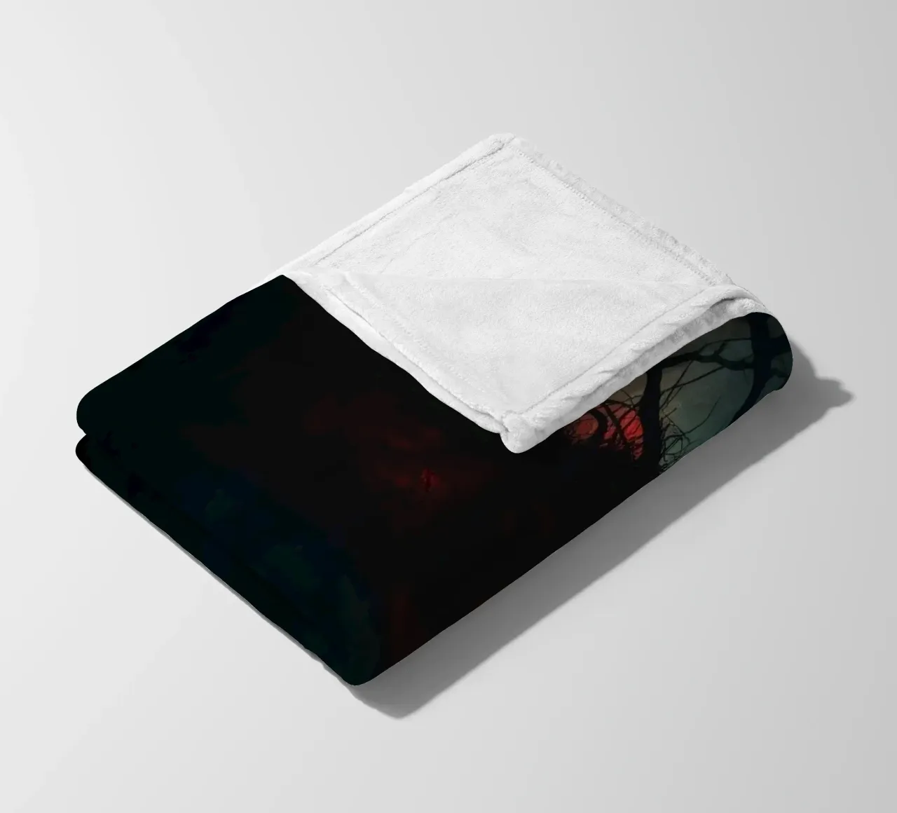 Dark tree with eerie branches illuminated by red and blue fleece blanket by DesignDoodle