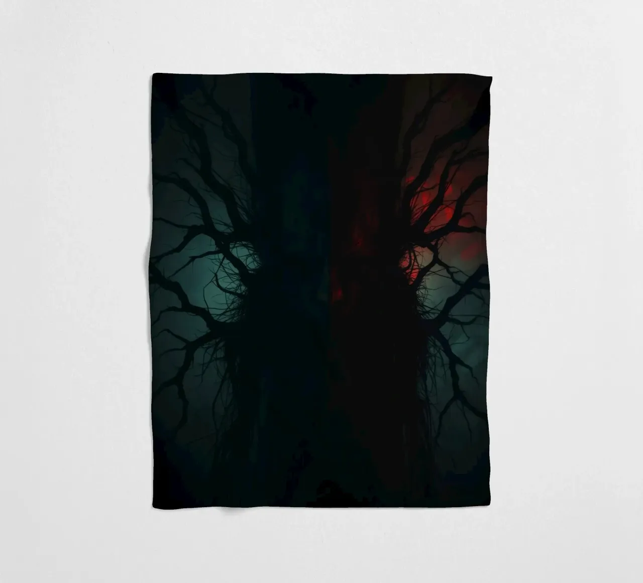 Dark tree with eerie branches illuminated by red and blue fleece blanket by DesignDoodle