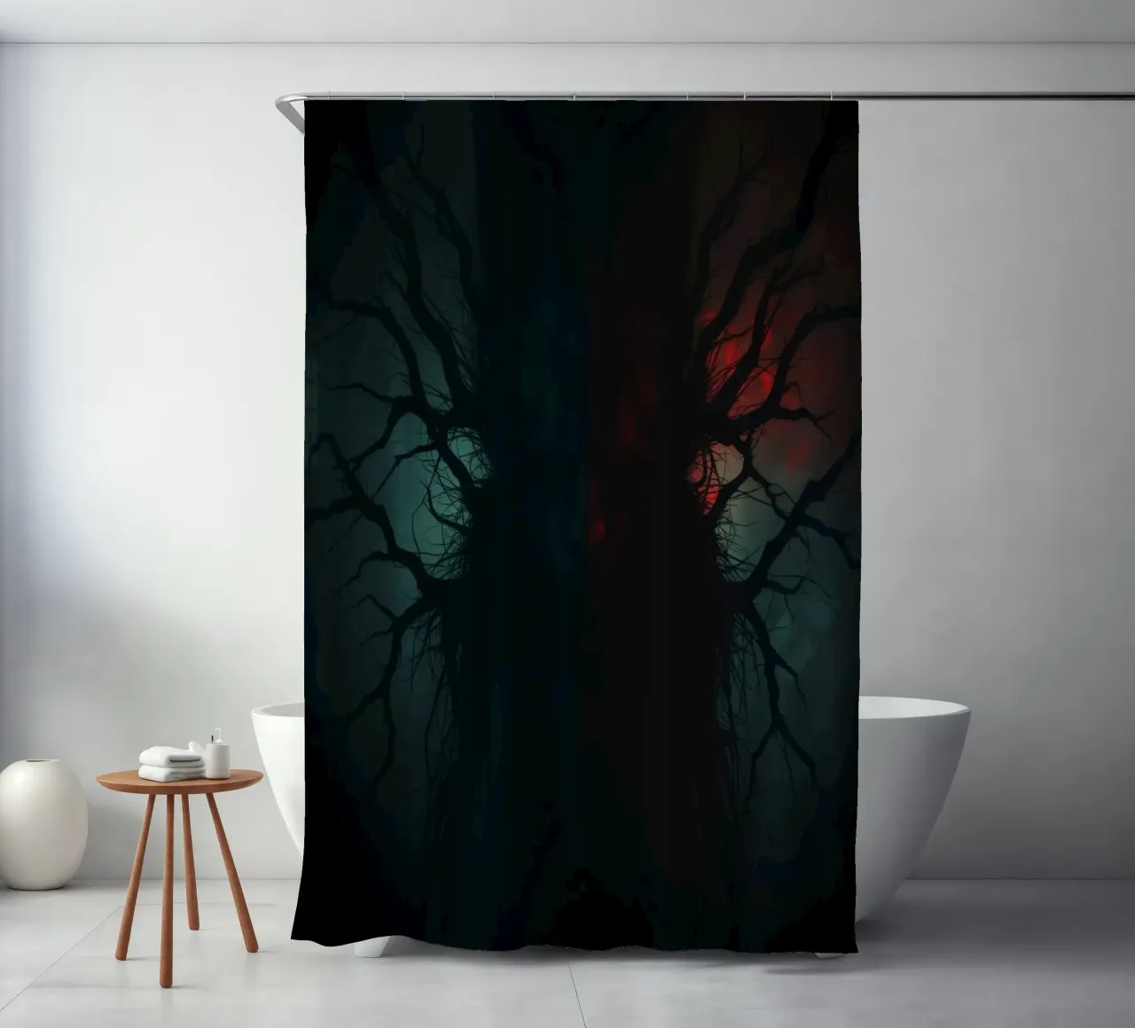 Dark tree with eerie branches illuminated by red and blue shower curtain by DesignDoodle