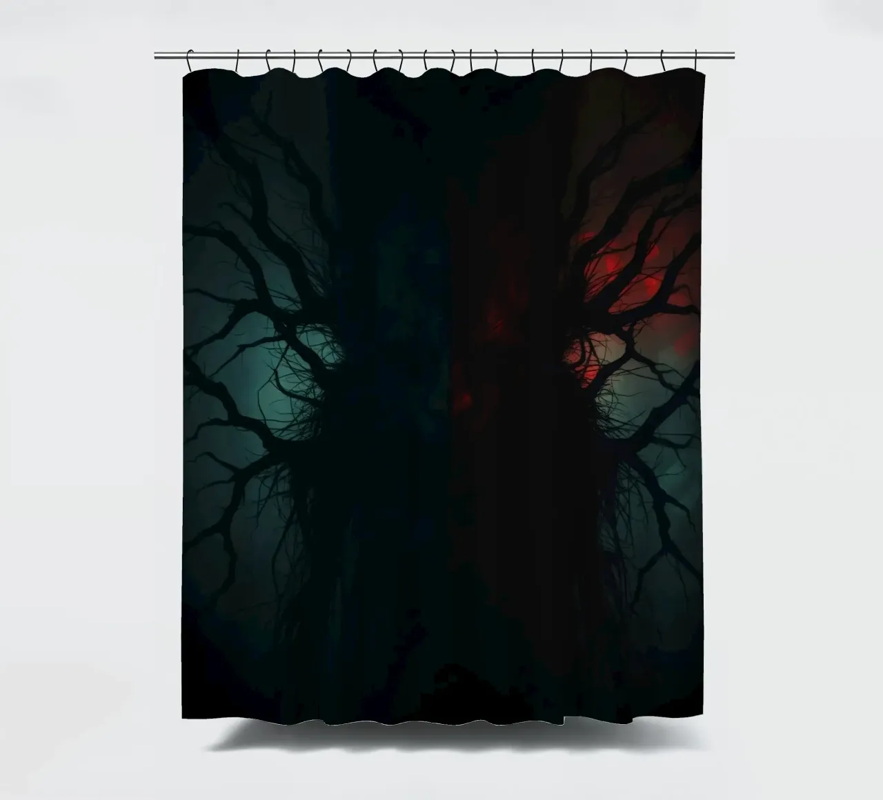Dark tree with eerie branches illuminated by red and blue shower curtain by DesignDoodle