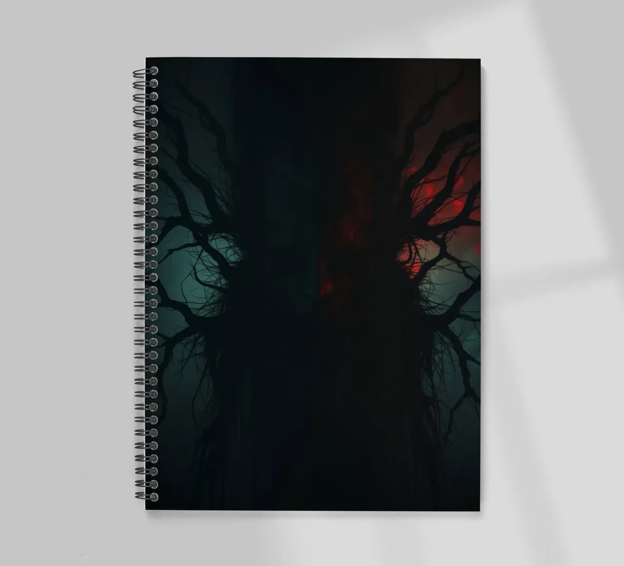Dark tree with eerie branches illuminated by red and blue spiral notebook by DesignDoodle