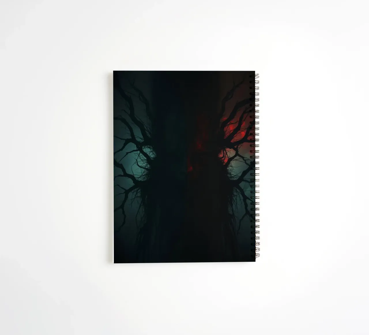 Dark tree with eerie branches illuminated by red and blue spiral notebook by DesignDoodle