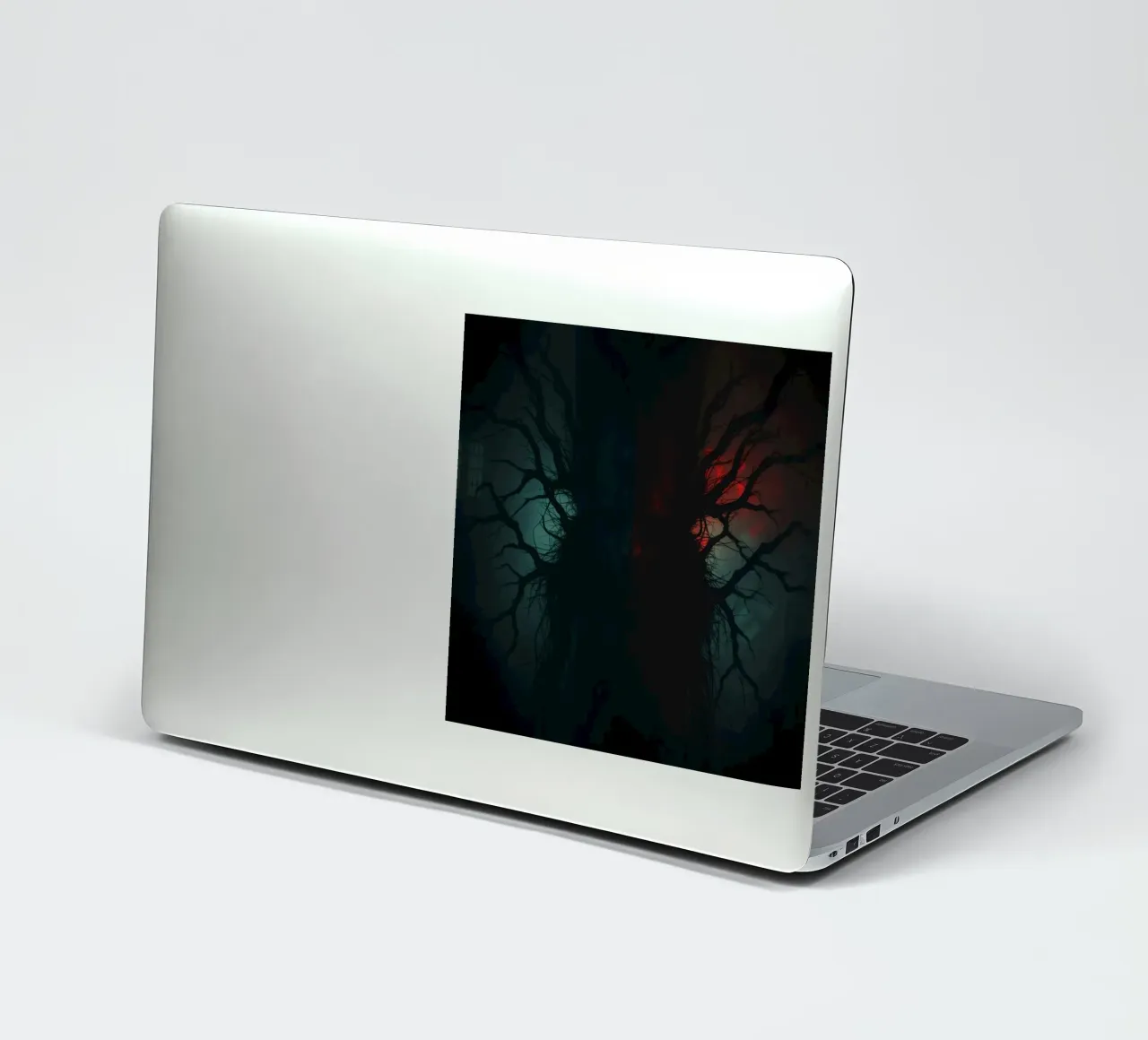 Dark tree with eerie branches illuminated by red and blue sticker by DesignDoodle