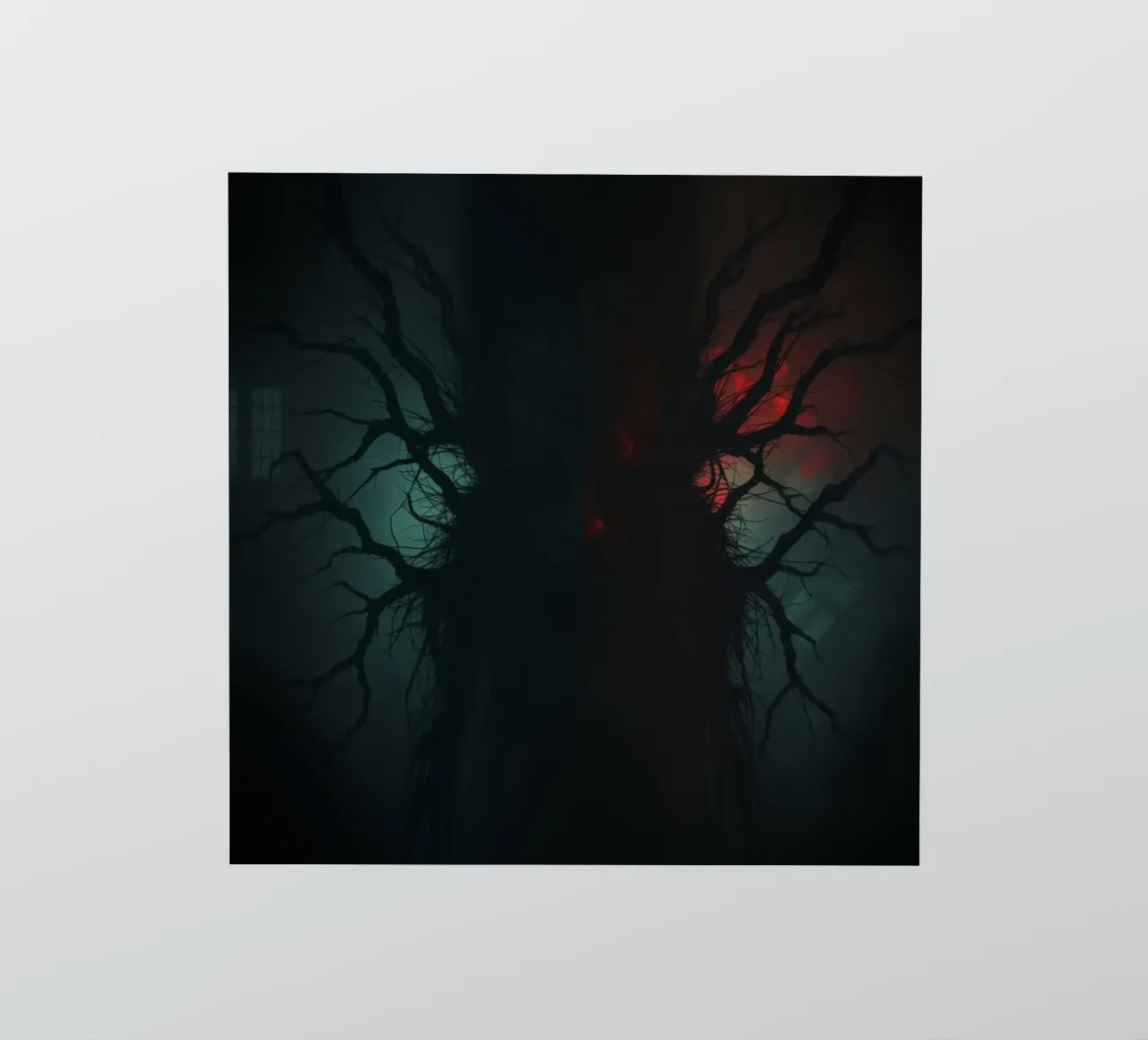 Dark tree with eerie branches illuminated by red and blue sticker by DesignDoodle
