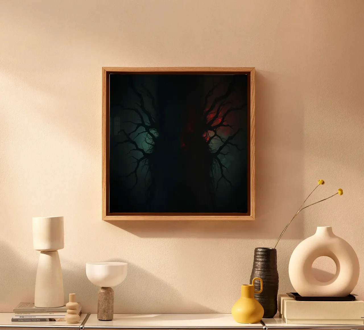 Dark tree with eerie branches illuminated by red and blue canvas by DesignDoodle