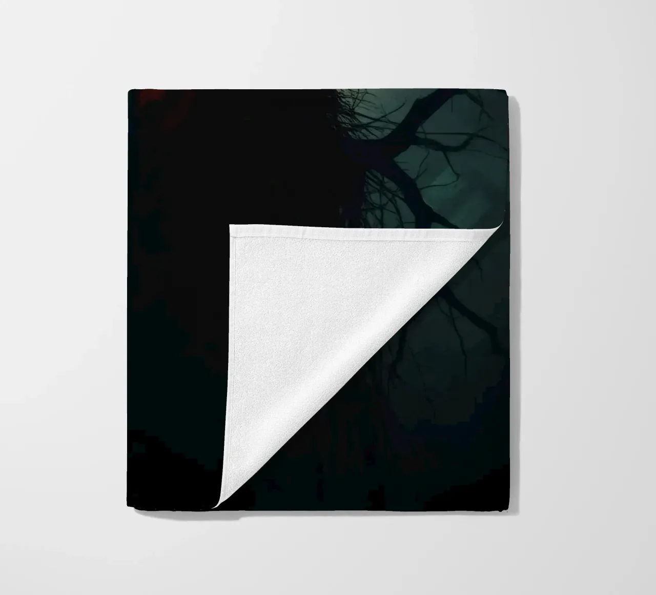 Dark tree with eerie branches illuminated by red and blue beach towel by DesignDoodle