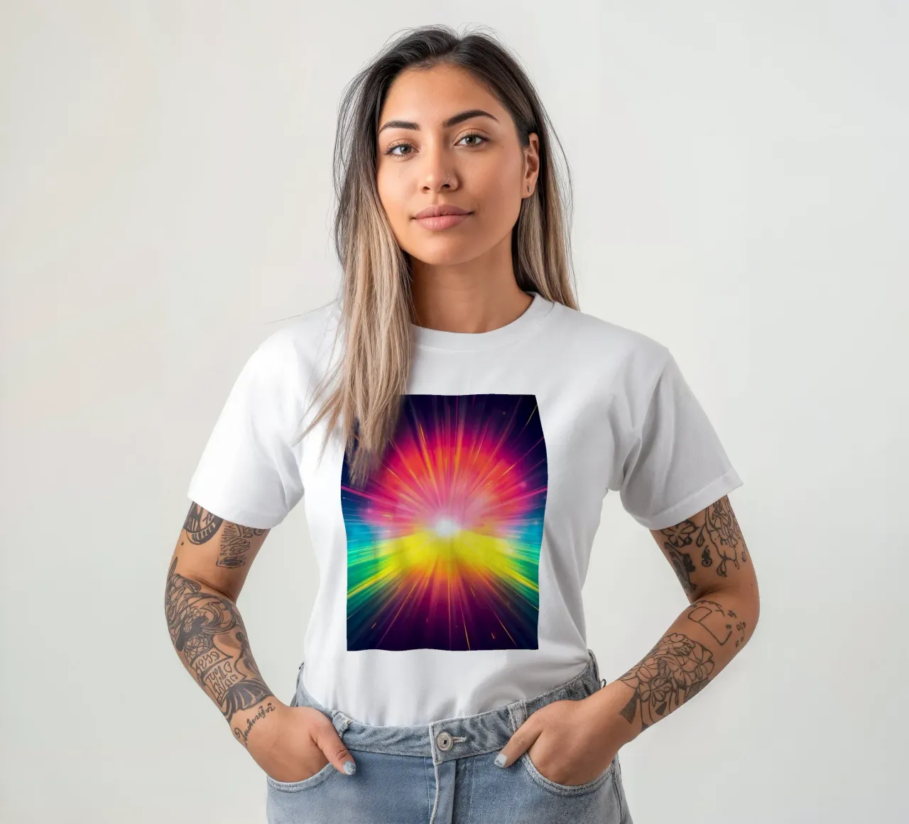 Bright explosion of colors radiating from a central point t-shirt by DesignDoodle