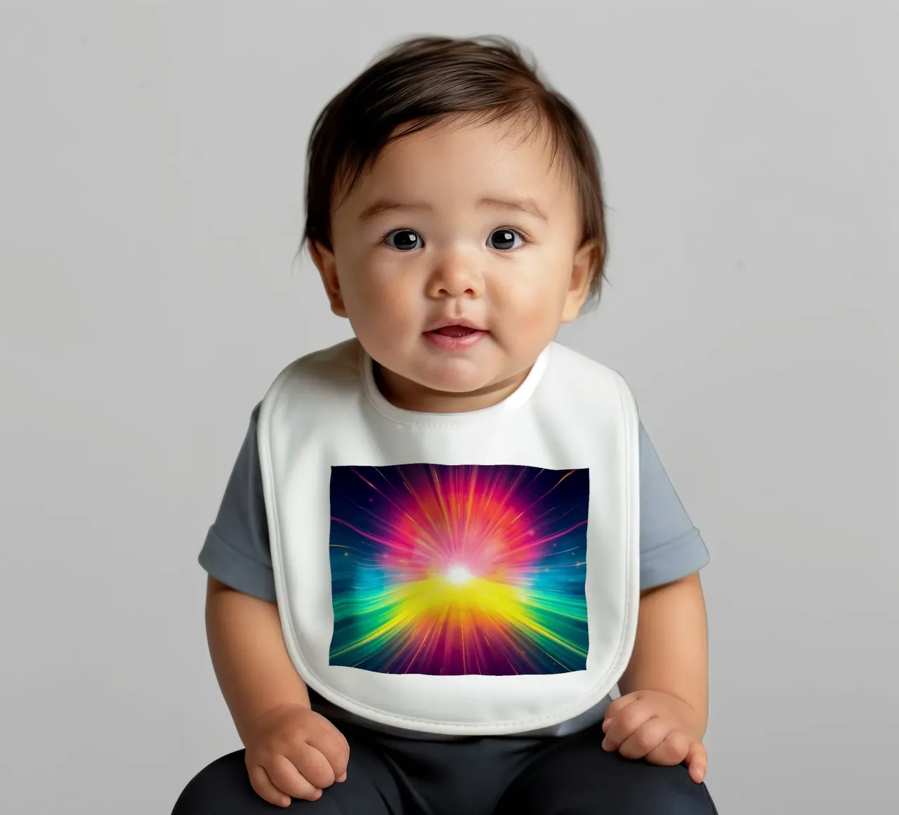 Bright explosion of colors radiating from a central point baby bib by DesignDoodle