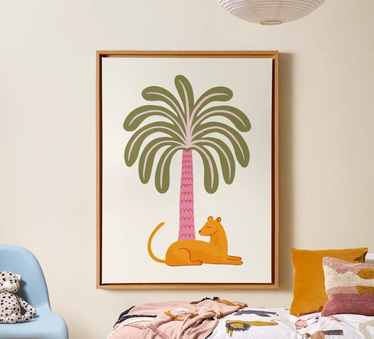 Orange jungle cat with palm tree tela da Vivdesign