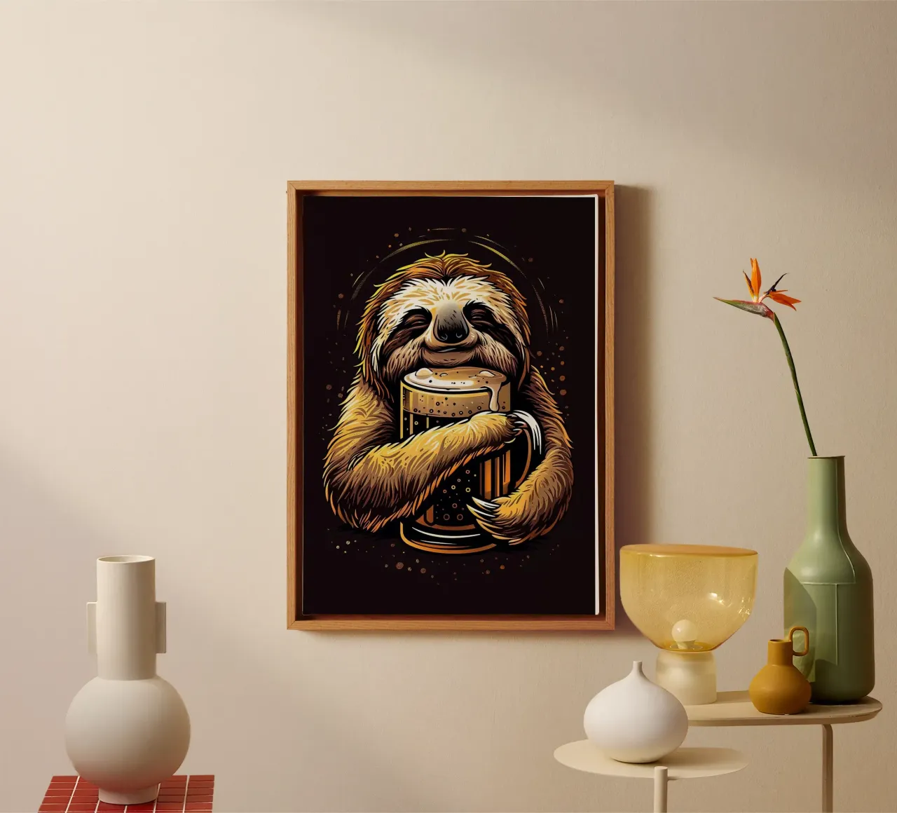sloth drinking beer tela con Cornice a cassetta da Abstract Botanical Art