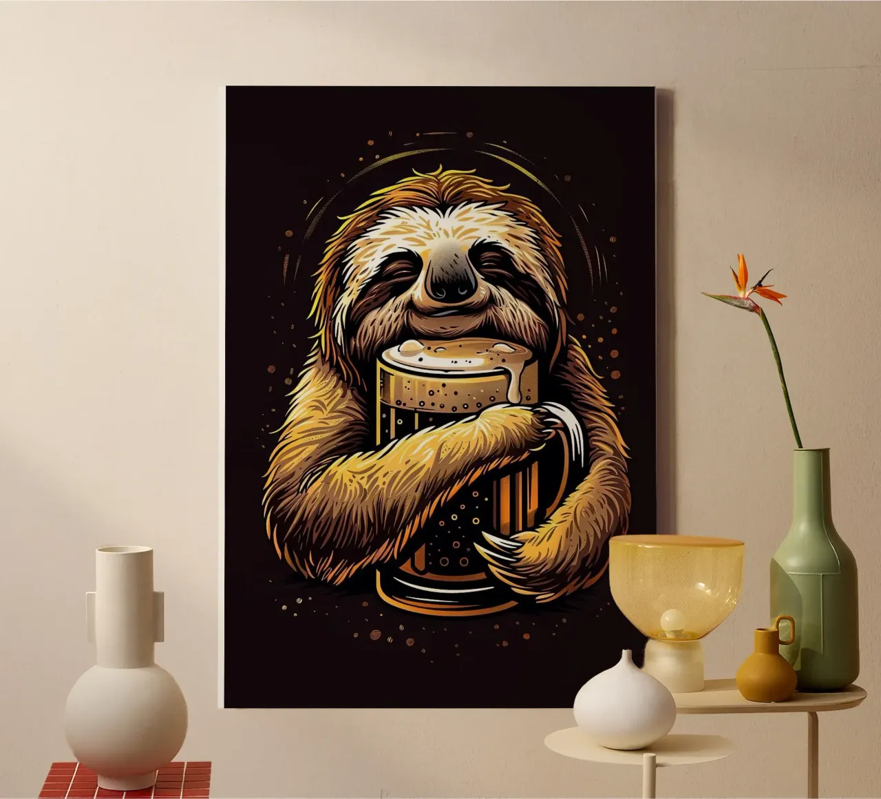 sloth drinking beer tela con Cornice a cassetta da Abstract Botanical Art
