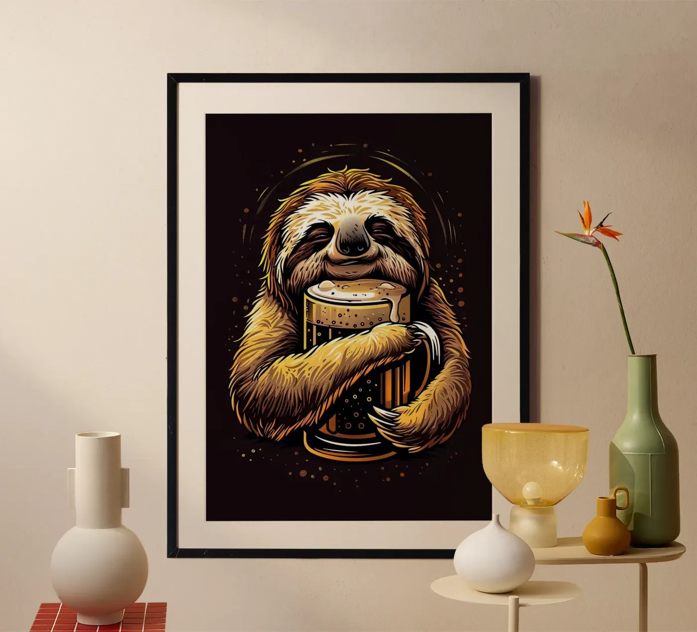 sloth drinking beer poster van Abstract Botanical Art