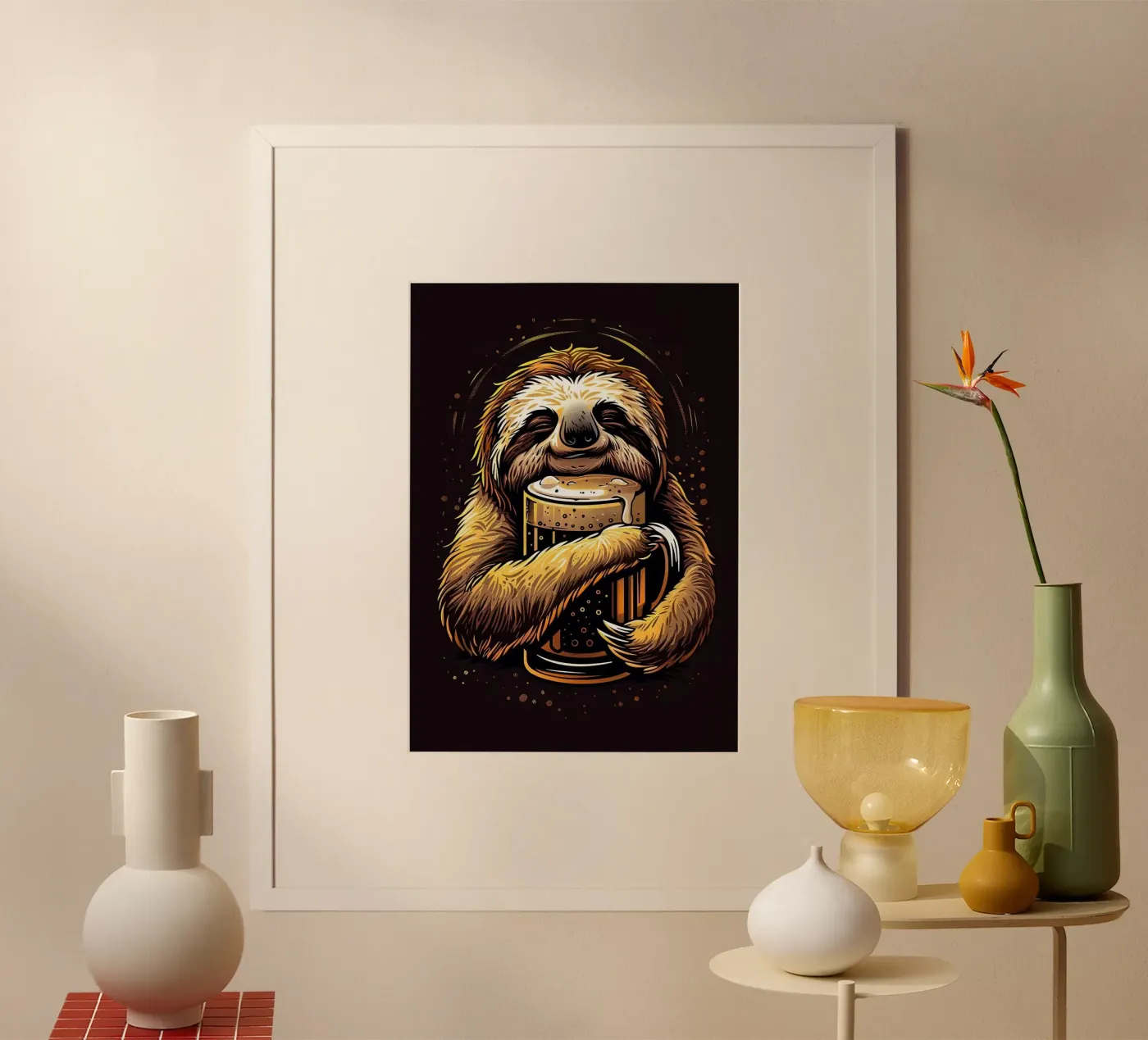 sloth drinking beer poster van Abstract Botanical Art