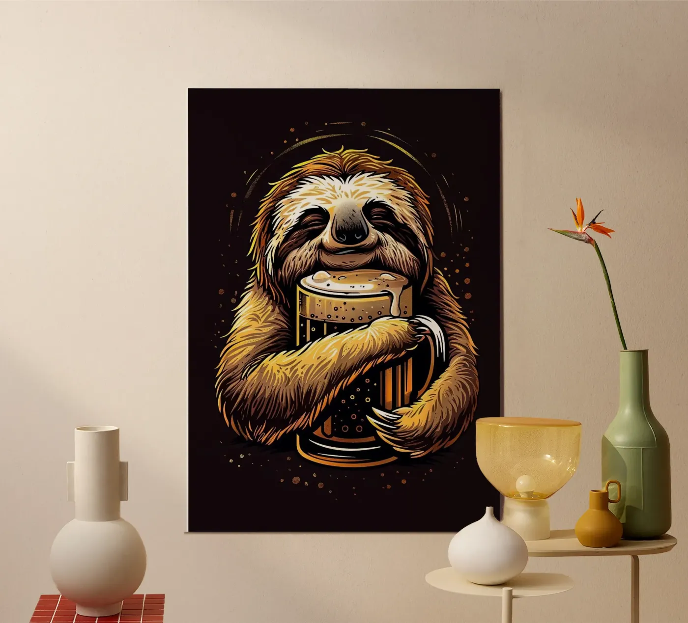 sloth drinking beer poster van Abstract Botanical Art