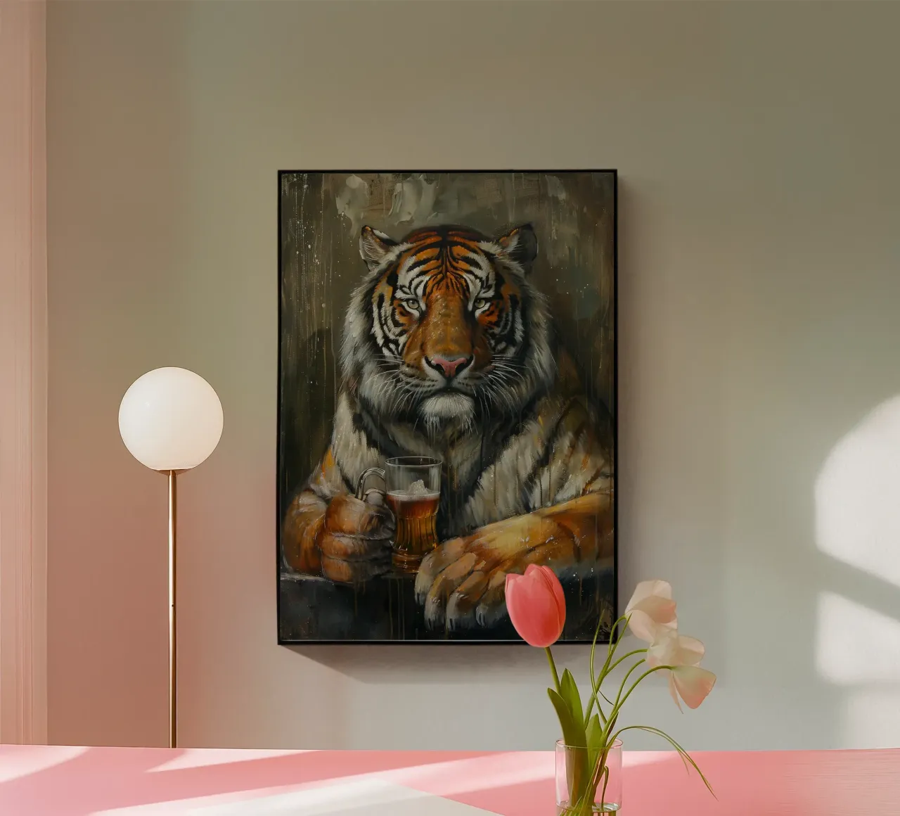 tiger drinking beer acrylic glass by Abstract Botanical Art
