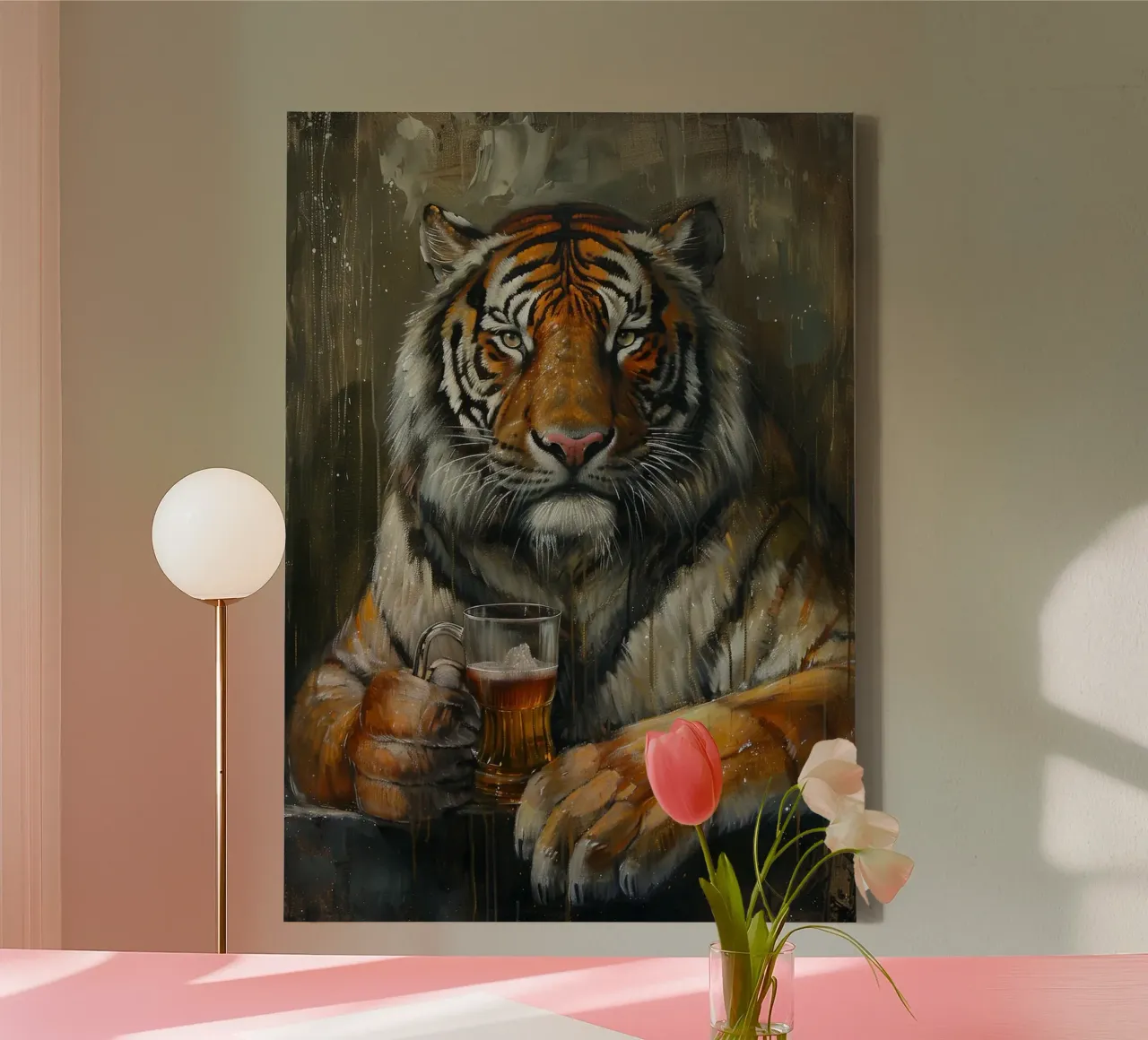 tiger drinking beer canvas by Abstract Botanical Art