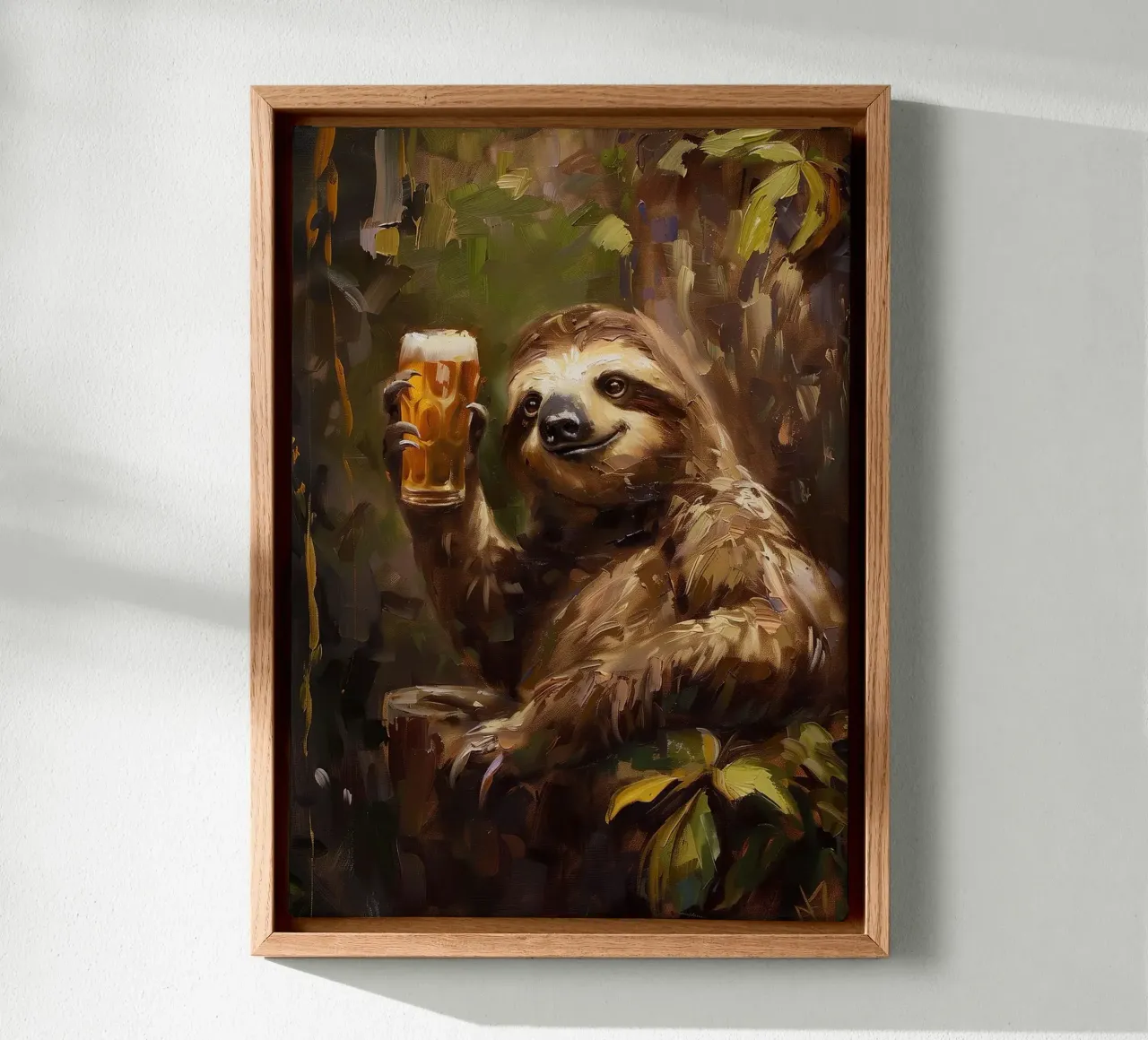 luiaard drinkt bier canvas met Baklijst van Abstract Botanical Art