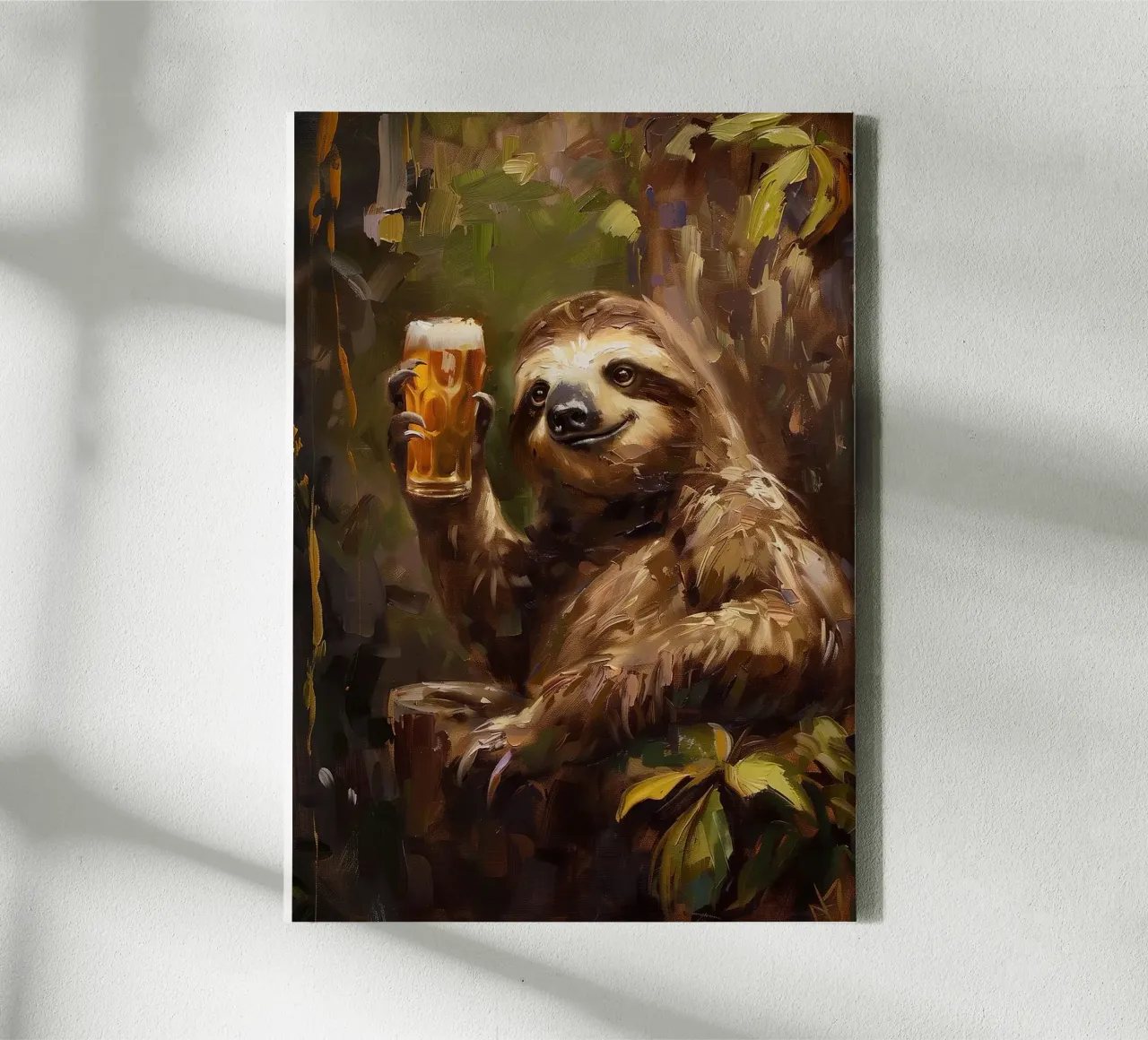 luiaard drinkt bier canvas met Baklijst van Abstract Botanical Art