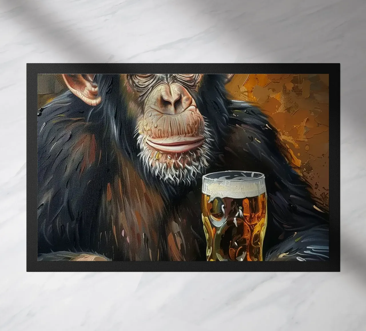 monkey drinking beer doormat by Abstract Botanical Art