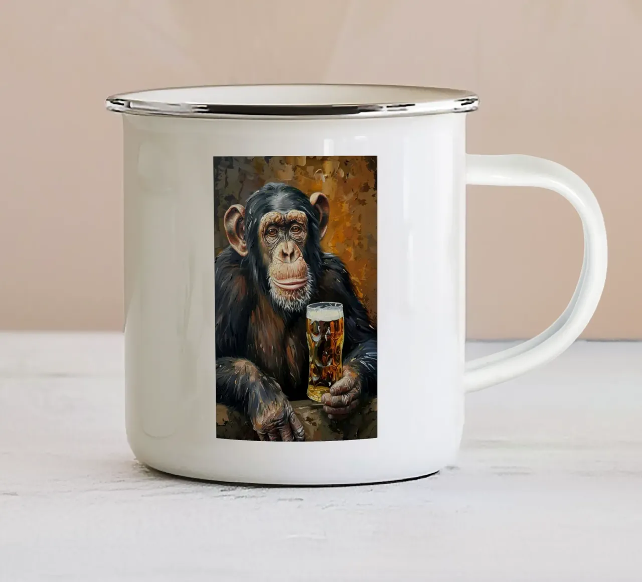 scimmia che beve birra tazza in smalto da Abstract Botanical Art