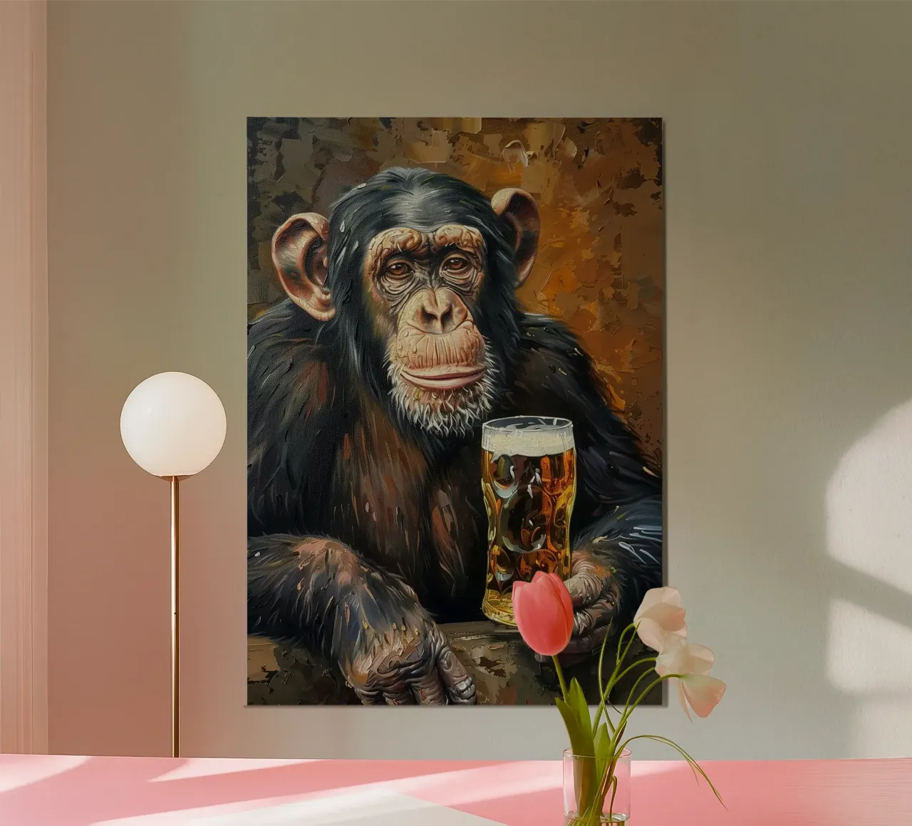 scimmia che beve birra poster con telaio in legno da Abstract Botanical Art