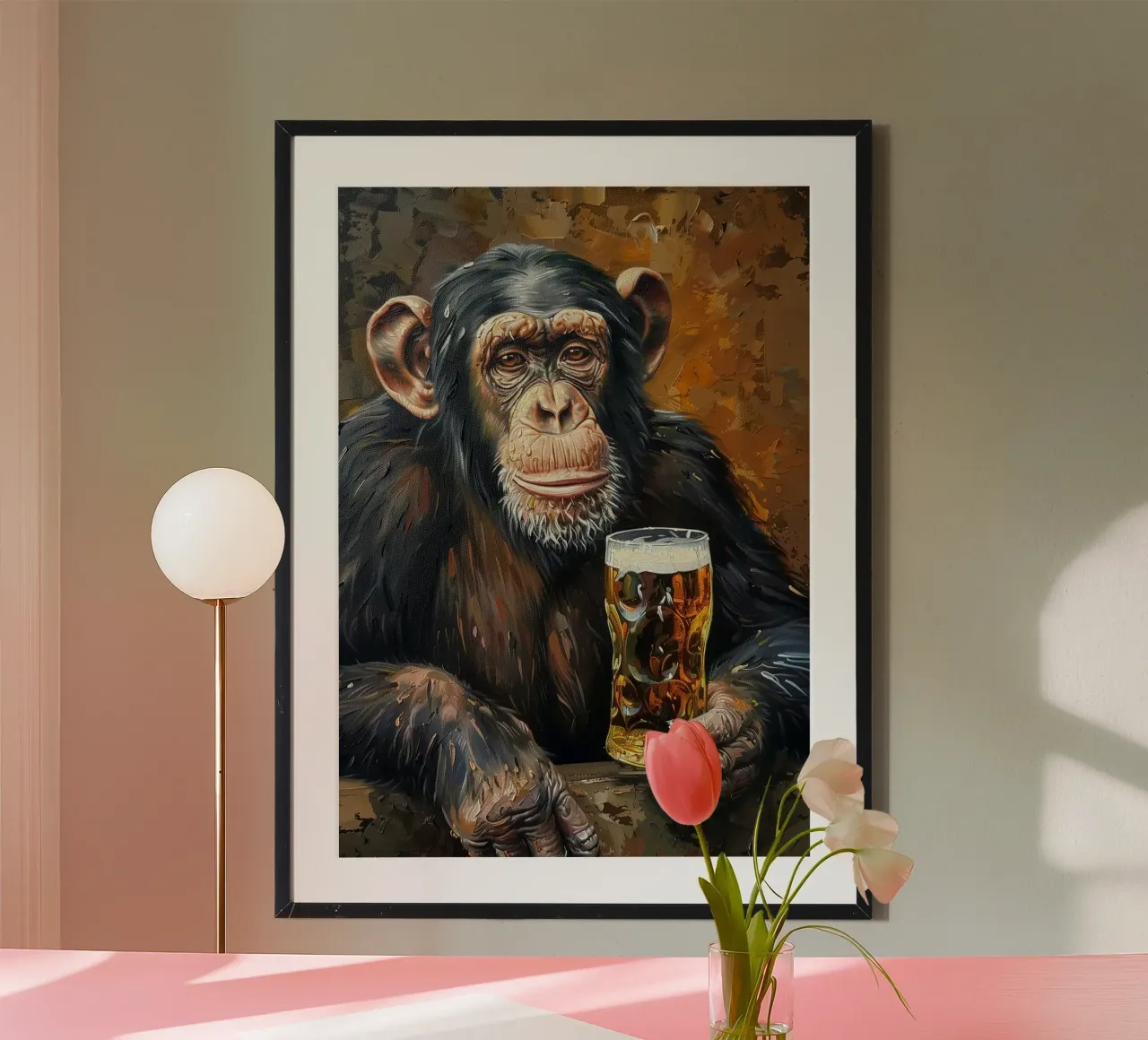 scimmia che beve birra poster con telaio in legno da Abstract Botanical Art