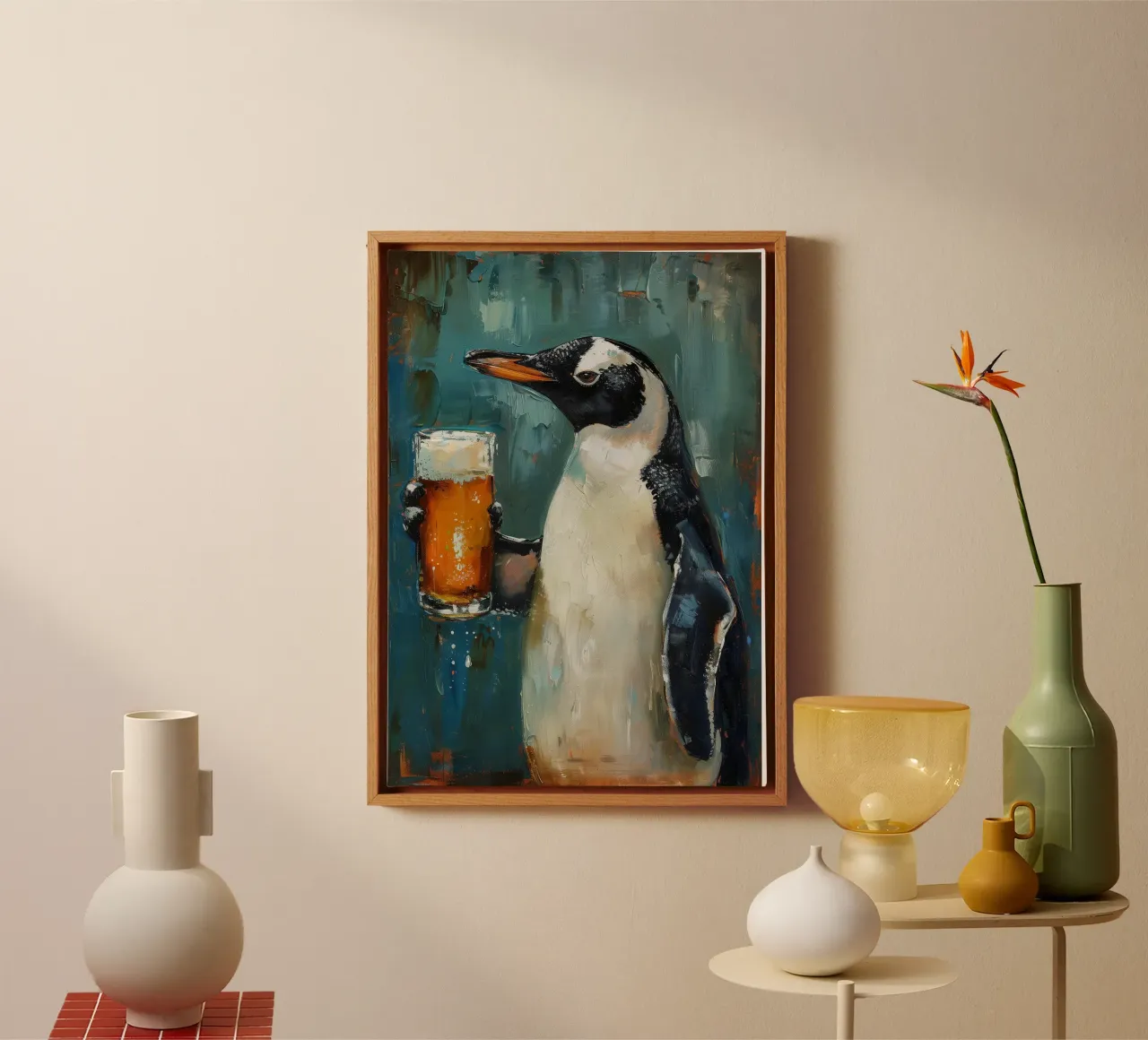 penguin drinking beer canvas met Baklijst van Abstract Botanical Art