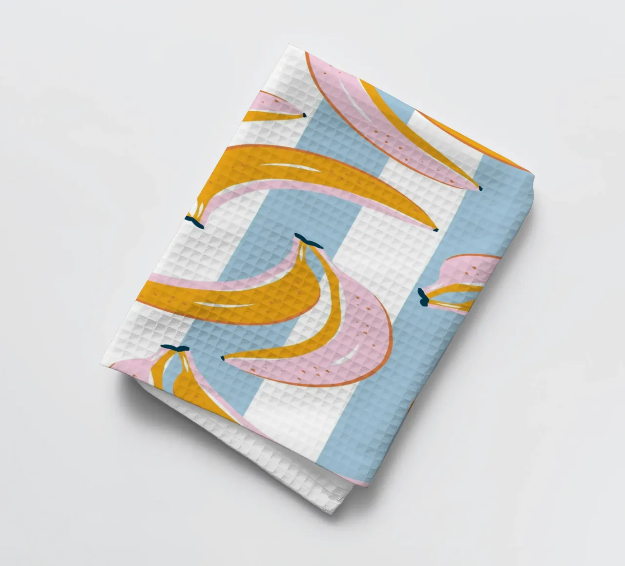 Orange bananas on blue stripes theedoek van Vivdesign