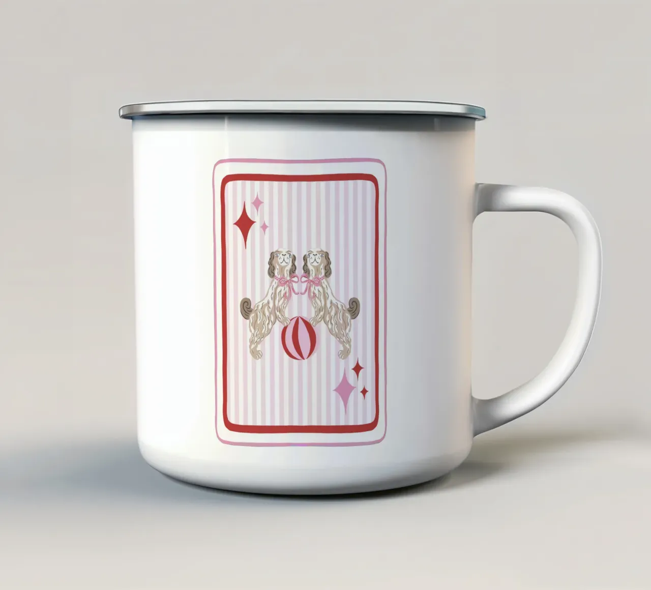 Staffordshire dogs with beach ball in pink and red tazza in smalto da Vivdesign