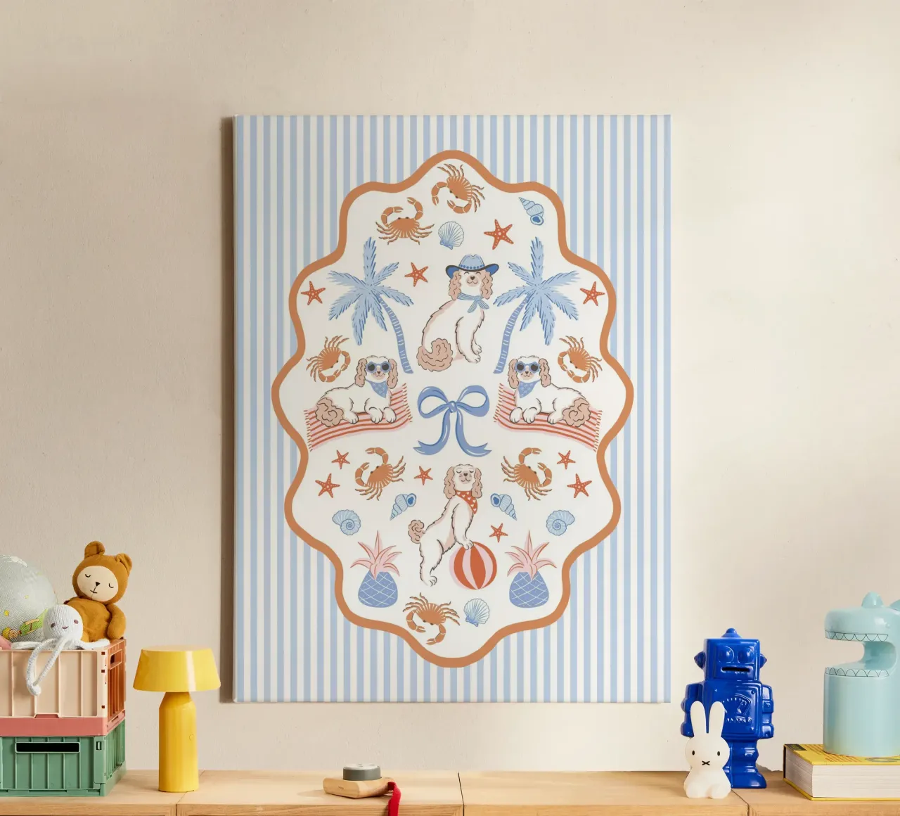 Doodle dogs on the beach - blue and orange tela con Cornice a cassetta da Vivdesign