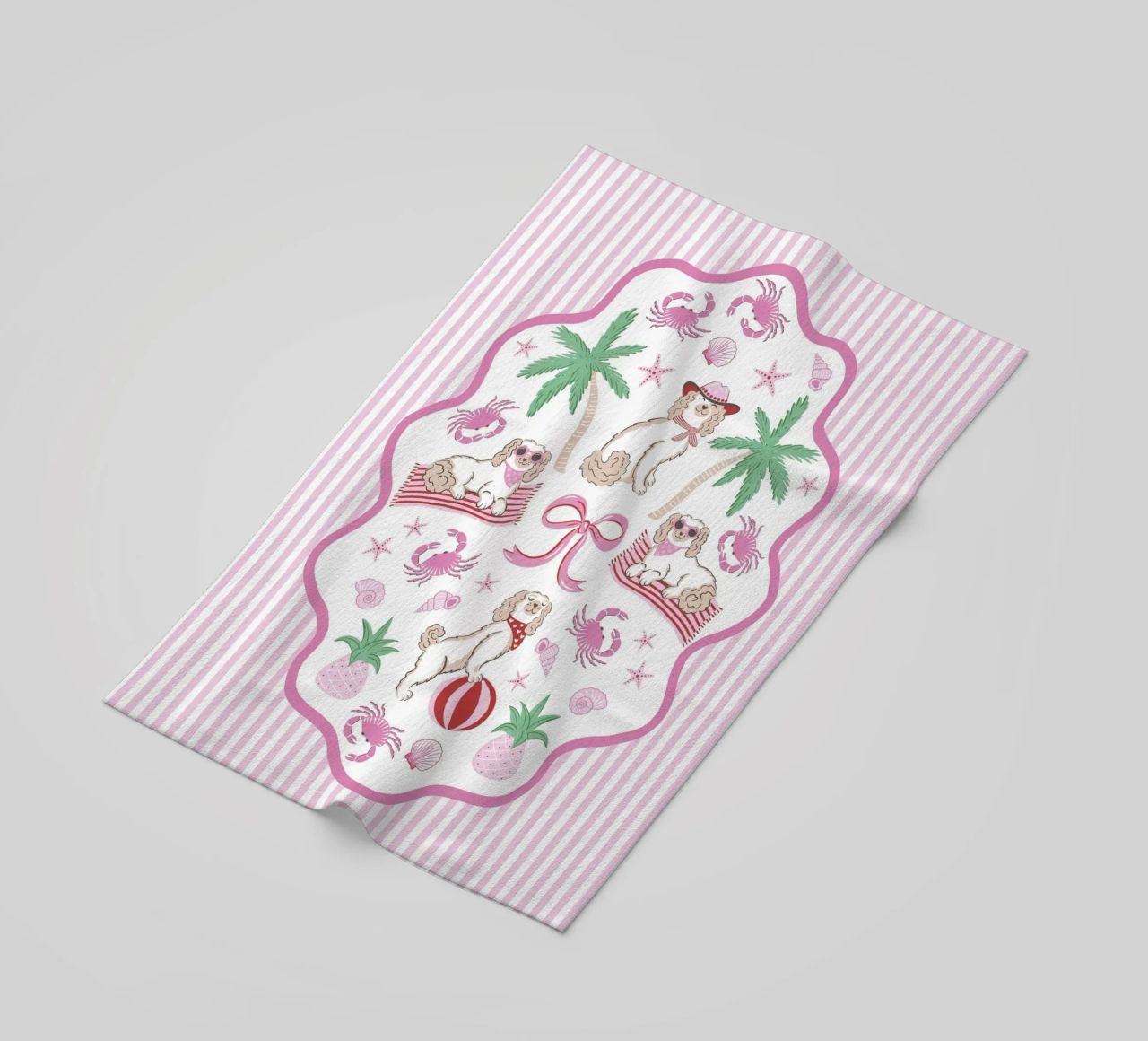 Doodle dogs on the beach - pink and green serviette de plage de Vivdesign
