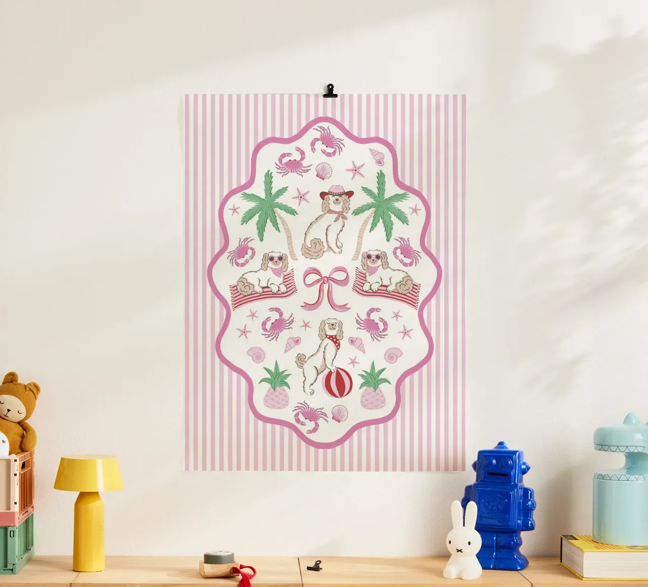 Doodle dogs on the beach - pink and green poster con telaio in plastica da Vivdesign