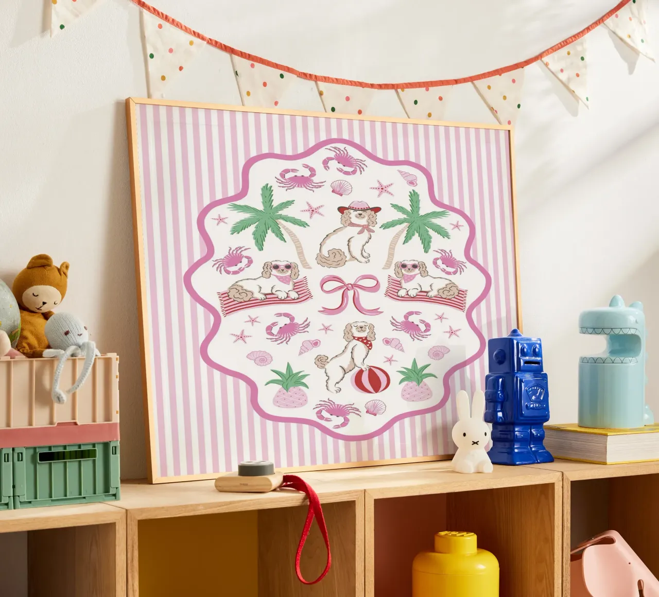 Doodle dogs on the beach - pink and green poster con telaio in plastica da Vivdesign