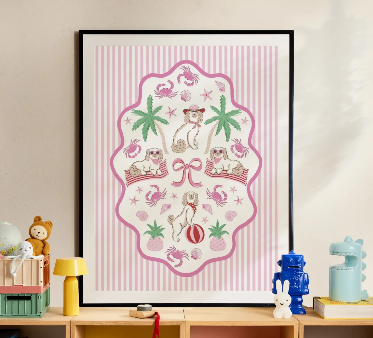 Doodle dogs on the beach - pink and green poster con telaio in plastica da Vivdesign