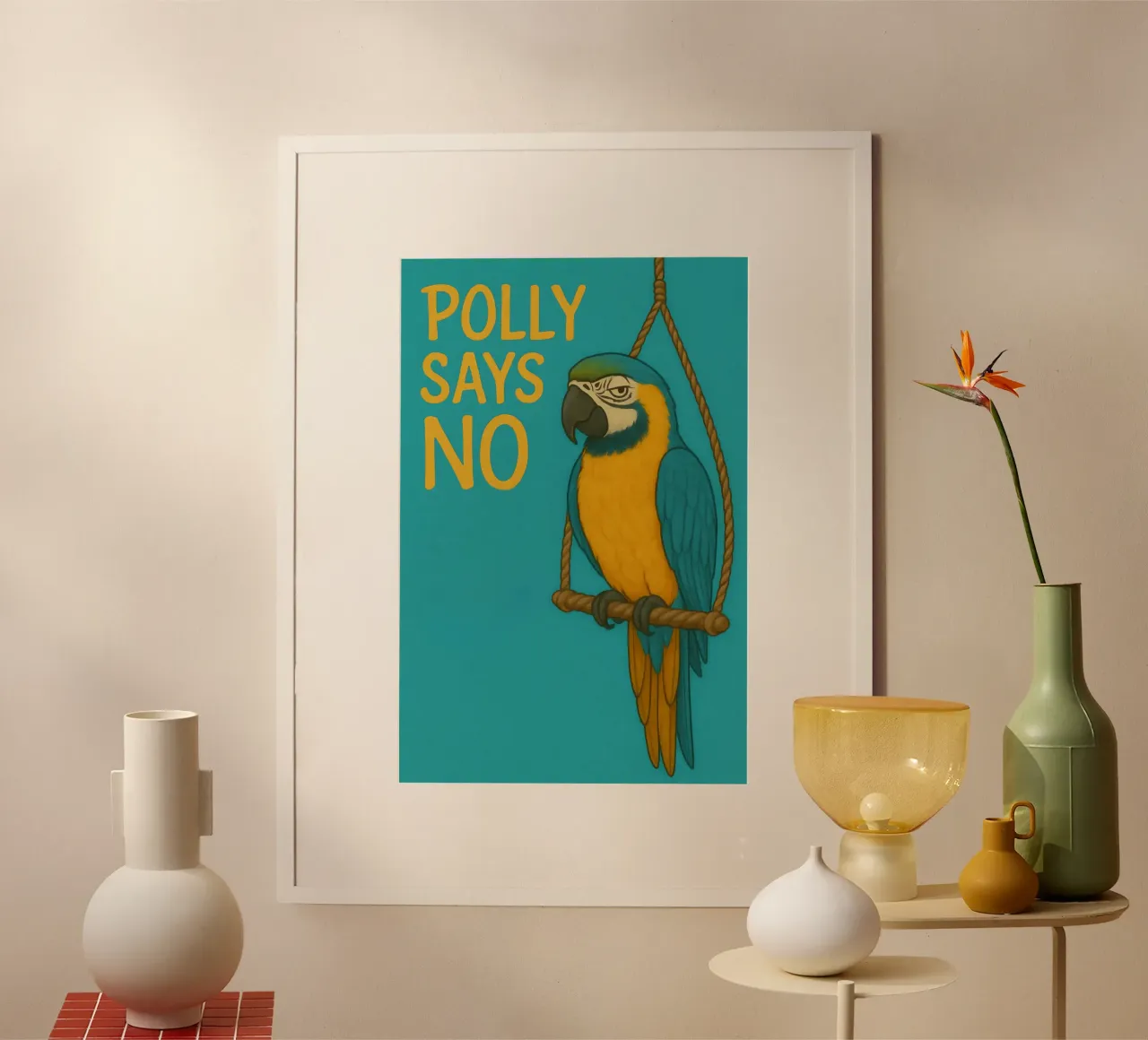 Divertente meme sull'ara blu e oro poster con telaio in legno da Funny Humor Art