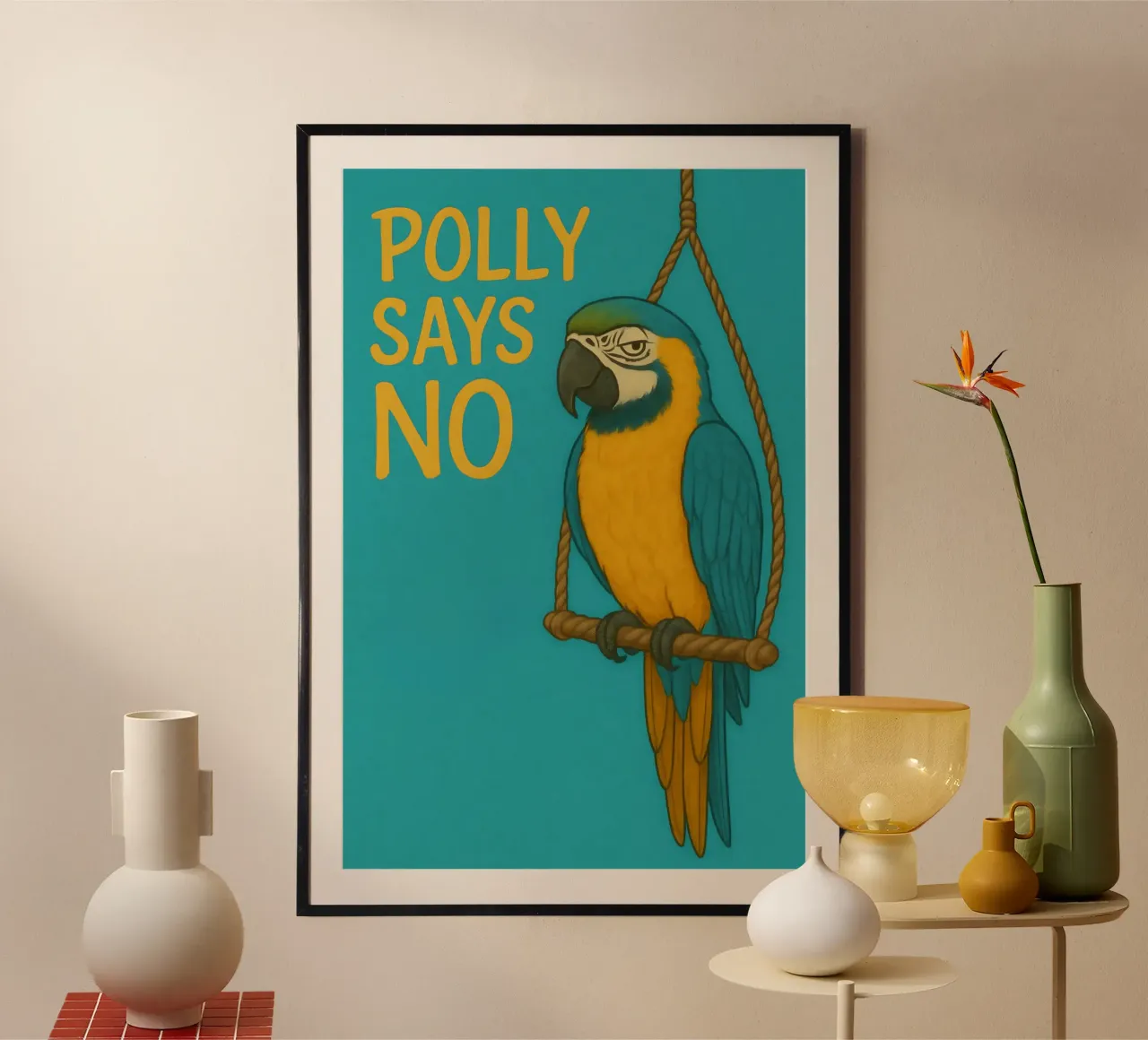 Divertente meme sull'ara blu e oro poster con telaio in legno da Funny Humor Art