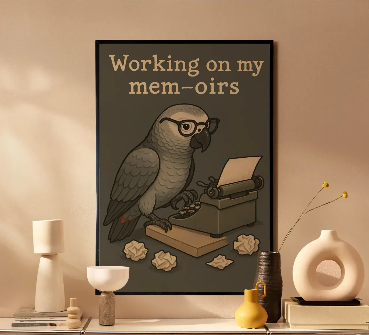 Meme divertente sul pappagallo grigio africano poster con telaio in alluminio da Funny Humor Art