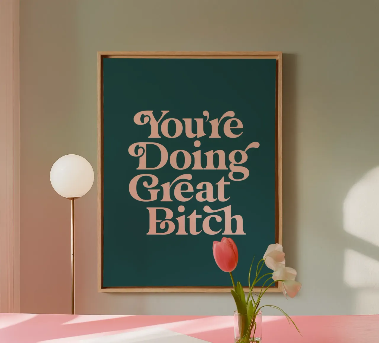 You're Doing Great Bitch Sassy Typography Print Verde pesca tela con Cornice a cassetta da THE MOTIVATED TYPE
