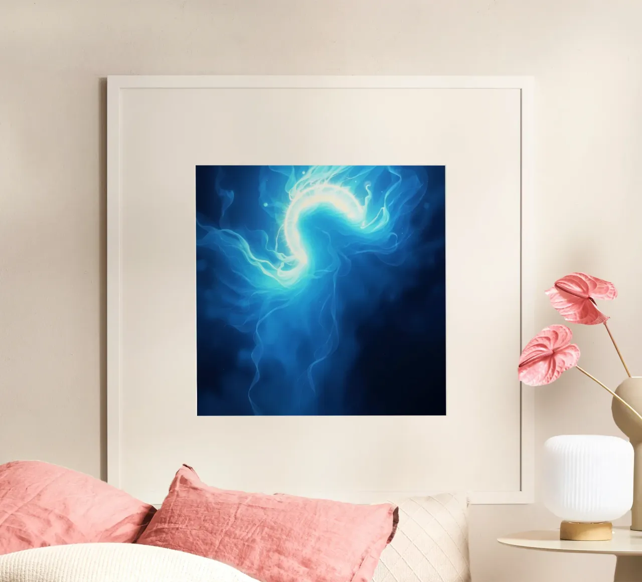 Luce blu vorticosa che crea un effetto etereo poster con telaio in legno da DesignDoodle